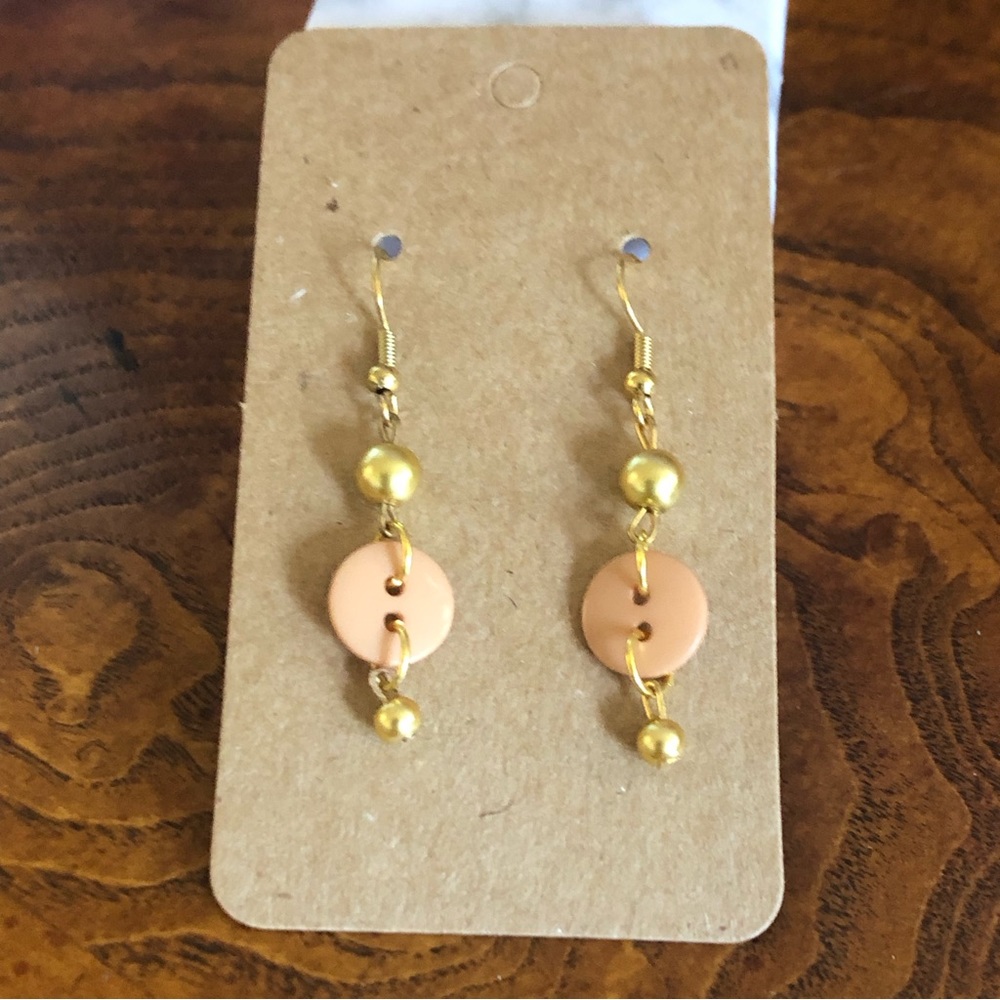 Handcrafted button gold tone dangle earrings